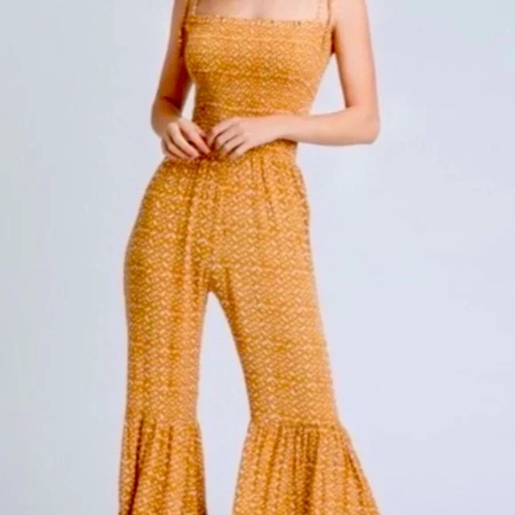 Vici Pants Jumpsuits Vici Yellow Smocked Bell Bottom Jumpsuit Poshmark